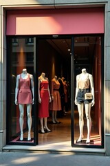 A stylish storefront entrance with trendy mannequins displaying fashionable clothing and accessories, retail, mannequins