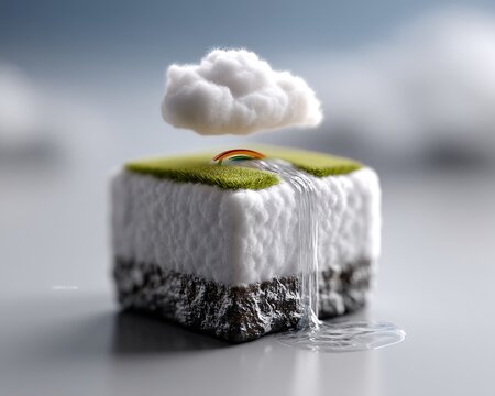 Whimsical microworld cube showing floating islands, waterfalls pouring into space, rainbow bridges, and surreal terrain, isometric dreamy atmosphere