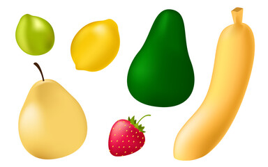 Fruit Set with Lemon Lime Avocado Strawberry Pear and Banana for Fresh Food and Tropical Design