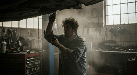 Mechanic engrossed in repair beneath car in vintage auto shop setting