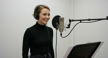 Enthusiastic young female voice artist performing in pristine studio environment