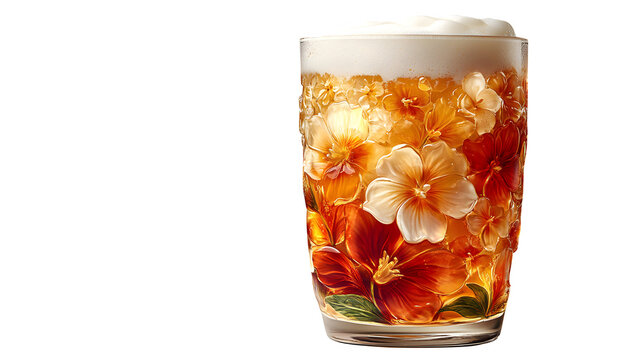 Tulip-themed pint glass filled with golden-hued beverage, foam top, realistic lighting, white background - Powered by Adobe