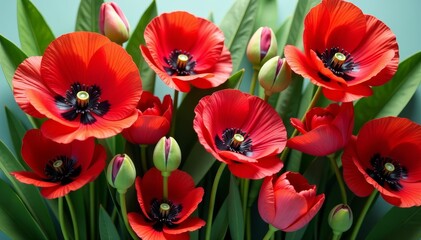 Obraz premium A vibrant arrangement of red poppies and green leaves, perfect for spring decor, red, flower
