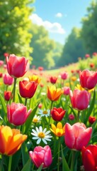 Obraz premium A vibrant flower meadow with tulips, daisies, and poppies blooming in the spring sunshine, flowers, poppies