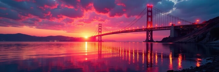 Vibrant sunset reflects on the bay, illuminating the bridge , iconic,