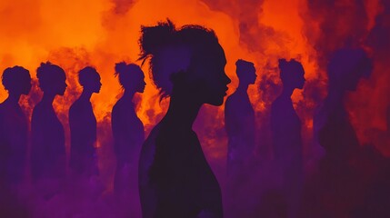 Silhouette Women in Fiery Sunset: A Dramatic Purple and Orange Artwork