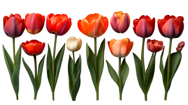 Tulips arranged in alphabetic letter shapes, floral typography, isolated on white background