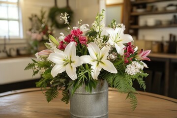 A charming floral arrangement in a rustic metal vase.