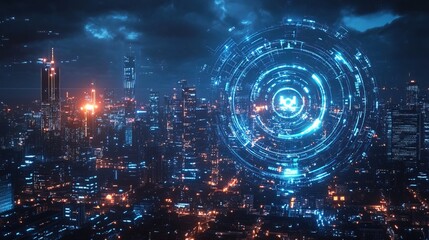 Obraz premium Futuristic Cityscape with Digital Overlay