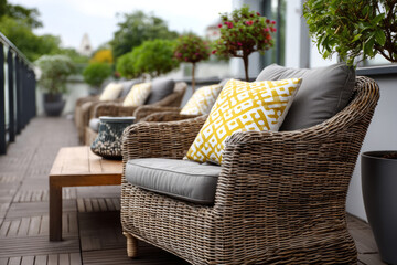 Rattan lounge chair with cushion on cozy outdoor terrace