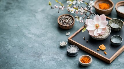 Spa arrangement with flowers, bowls of salts, spices, and blossom branch, on teal background