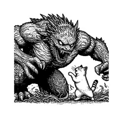 Epic cat battles a giant monster, fantasy action hero combat scene