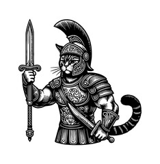 Obraz premium Cat warrior in gladiator armor ready to battle in ancient Rome arena illustration