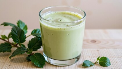 Fresh green smoothie in a glass with mint leaves.