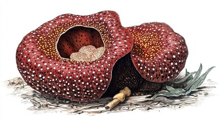 Two burgundy, speckled pitcher plants rest on the ground.