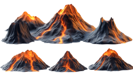 Volcano in different positions, realistic 3D, isolated on white background