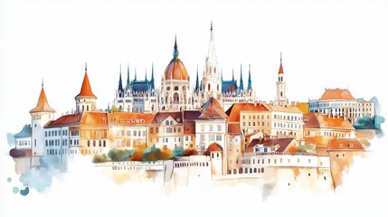 Fisherman's Bastion. Fisherman's Bastion hand drawn watercolor illustration