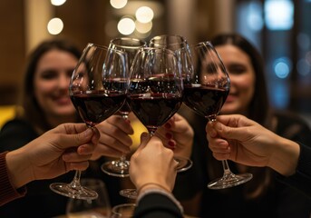 Group of friends toasting with red wine glasses at a gathering with smiling women blurred