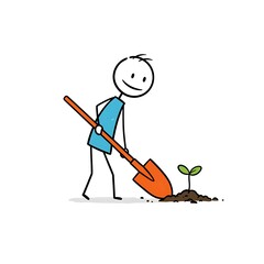 Stickman planting sapling with shovel
