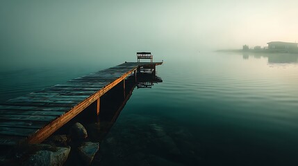Wooden pier on a foggy lake with bench