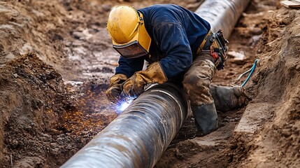 Worker Welding a Pipeline in a Trench