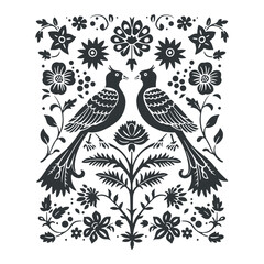 Vector linocut poster template with birds. Modern symmetry minimal style. Black and white colors. Botanical blockprint. Design for wallpaper, wall decor, print, postcard, cover, template.