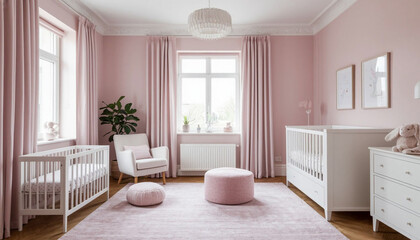 Children's room in pastel shades of pink and white. Generated by AI.