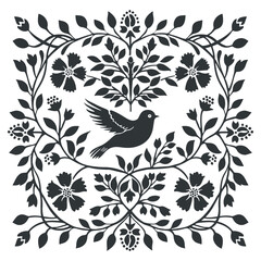 Vector linocut poster template with bird and flowers. Modern trendy minimal style. Black and white colors. Botanical blockprint. Design for wallpaper, wall decor, print, postcard, cover, template.
