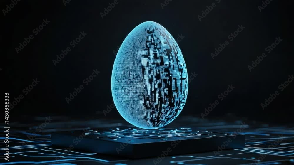 Poster futuristic abstract egg-shaped structure with digital circuit patterns and glowing effects on dark b