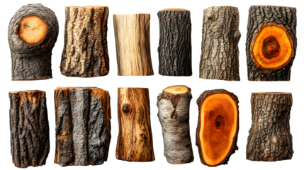 Wooden log sections in varying shapes, clean and natural look, isolated on white background