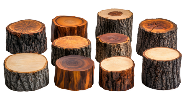 Wooden log sections in varying shapes, clean and natural look, isolated on white background