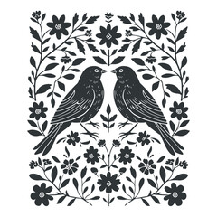 Vector linocut poster template with birds. Modern symmetry minimal style. Black and white colors. Botanical blockprint. Design for wallpaper, wall decor, print, postcard, cover, template.