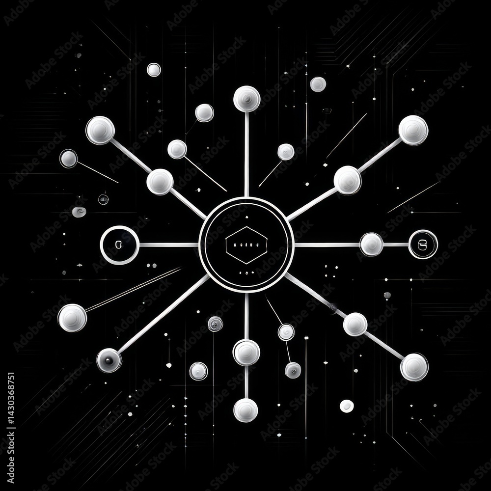 Poster Abstract Network: Interconnected Nodes and Lines Forming a Complex Technological Structure on a Black Background
