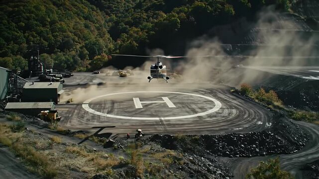 Smooth Aerial Descent to Coal Mine Site Helipad with Dust Clouds and Mountains Telephoto View of Helicopter Landing on Rugged Terrain Stock Video Footage