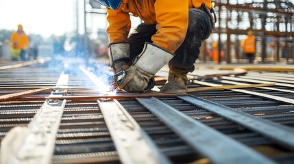 Construction Worker Welding Metal Beams