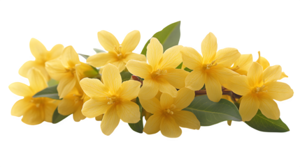 Yellow forsythia bouquet with green leaves, isolated on white background