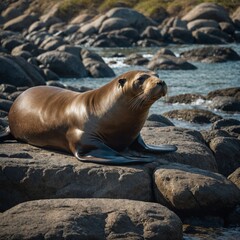 Fototapeta premium Sea Lion Lounging on a Rocky Shoreline
