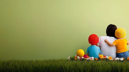 Mother and two kids sit together on grass facing away in a loving scene