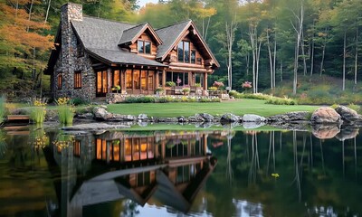 Charming stone cottage by a peaceful lake, surrounded by vibrant flowers and lush green trees in a tranquil forest setting.