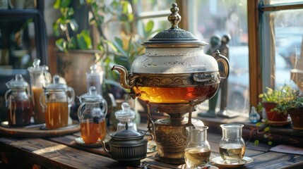 A traditional Russian device used for brewing and serving tea, usually made of metal and equipped with a heating element at the bottom.
