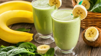 A green smoothie in a glass, garnished with a banana slice and a green straw, sits on a wooden table with a bunch of bananas and spinach leaves nearby.