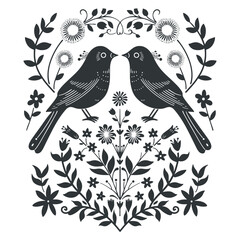 Vector linocut poster template with birds. Modern symmetry minimal style. Black and white colors. Botanical blockprint. Design for wallpaper, wall decor, print, postcard, cover, template.