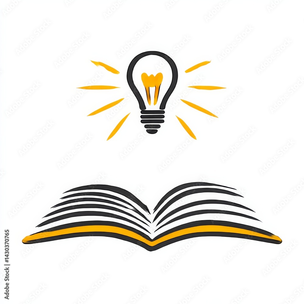 Poster illuminating knowledge: an open book with a bright light bulb above symbolizing learning, ideas, edu