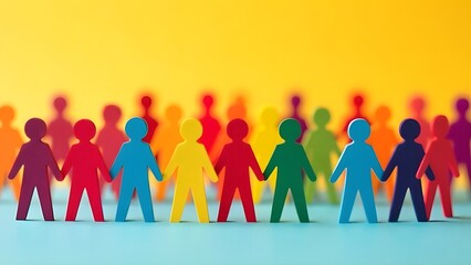 Multicolored paper people holding hands on a yellow background. Different people together.