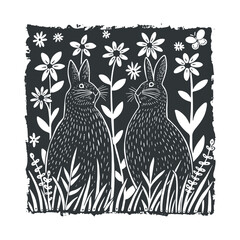 Vector linocut floral poster template with rabbits. Modern trendy minimal style. Black and white colors. Botanical blockprint. Design for wallpaper, wall decor, print, postcard, cover, template.