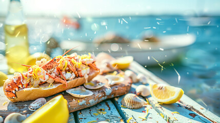 New England Lobster Roll with Butter Drip and Lemon &ndash; Rustic Dockside Setting with Ocean Blur, Cape Cod Summer Editorial Style