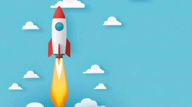 Illustration of a Cartoon Rocket Launching into the Sky Surrounded by Clouds and Blue Sky for Creative Projects