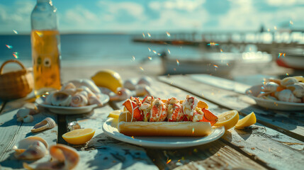 New England Lobster Roll with Butter Drip and Lemon &ndash; Rustic Dockside Setting with Ocean Blur, Cape Cod Summer Editorial Style