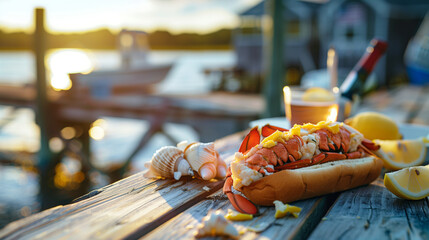 New England Lobster Roll with Butter Drip and Lemon &ndash; Rustic Dockside Setting with Ocean Blur, Cape Cod Summer Editorial Style