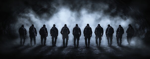 Anonymous figures walking in fog, depicting unity, mystery, or suspenseful journey background